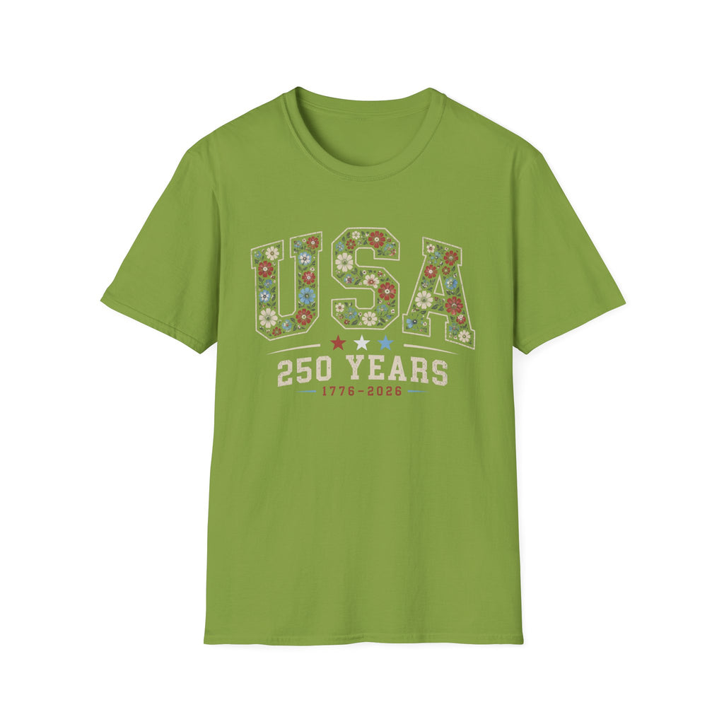 USA 250 Years T-Shirt | Semiquincentennial Patriotic Floral Graphic Tee, 1776 2026 Varsity Block Lettering Top