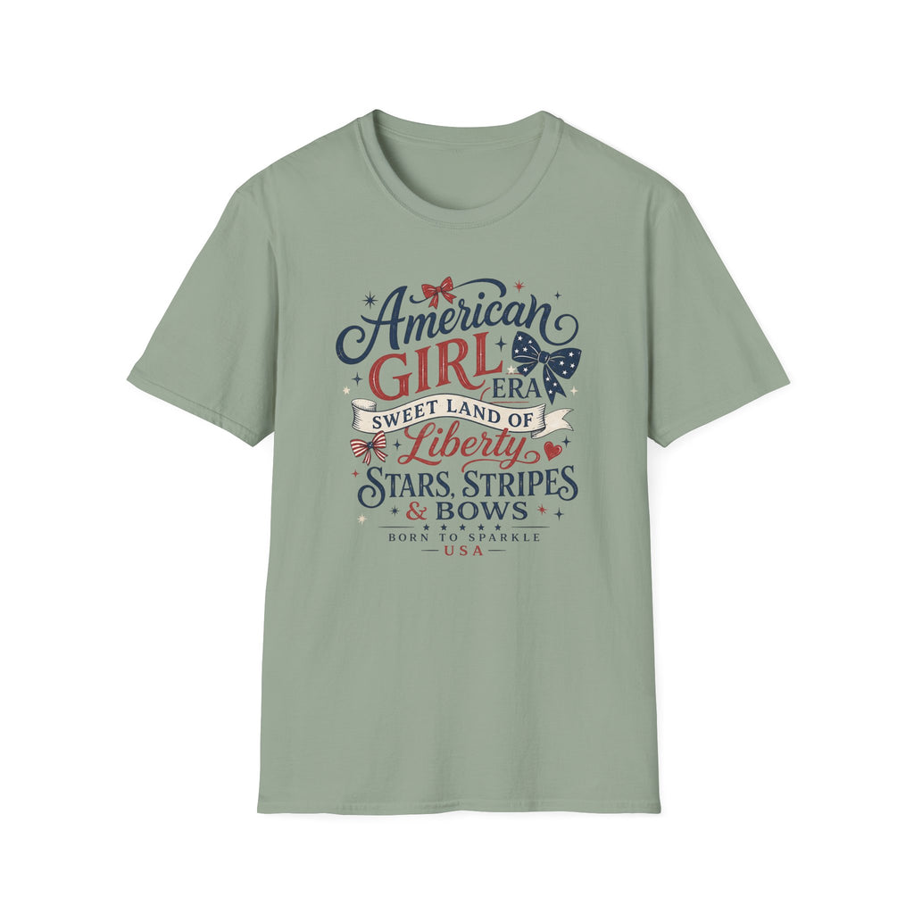 American Girl Era Tee, Sweet Land of Liberty Shirt, Stars Stripes Bows Graphic Top, USA Born Raised Patriotic Outfit T-Shirt