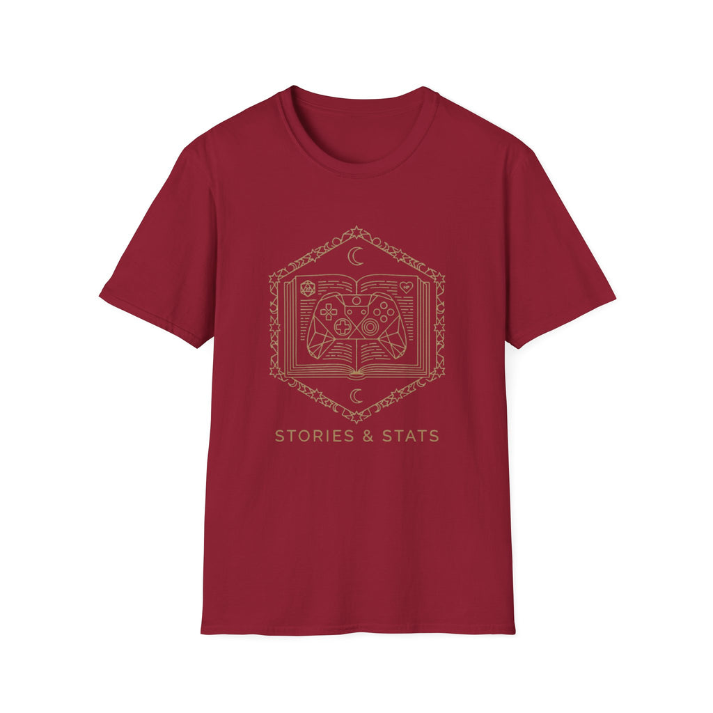 Gaming T-Shirt — 'Stories & Stats' Controller Spellbook Graphic