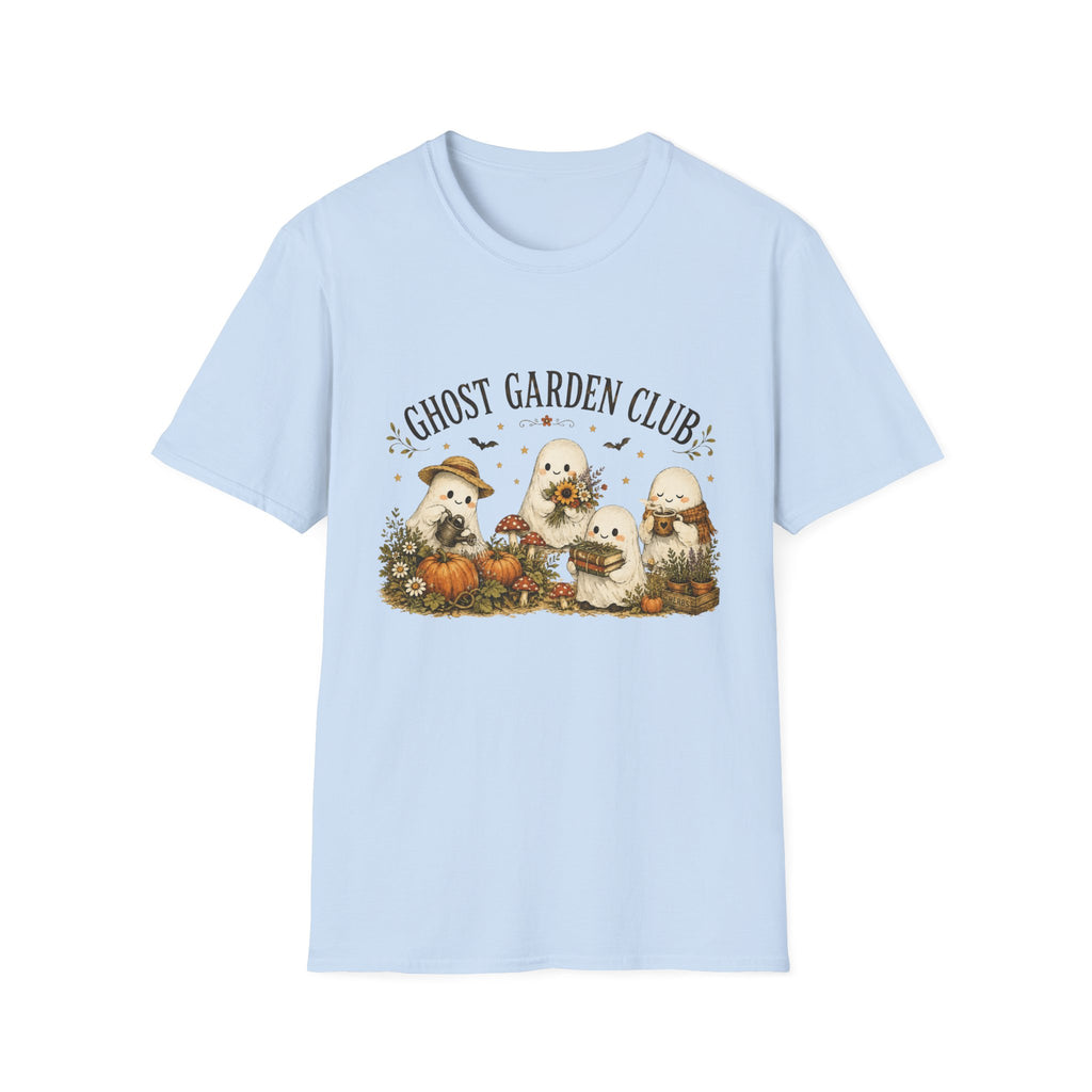 Ghost Garden Club T-Shirt — Cute Autumn Halloween Ghosts with Pumpkins & Flowers