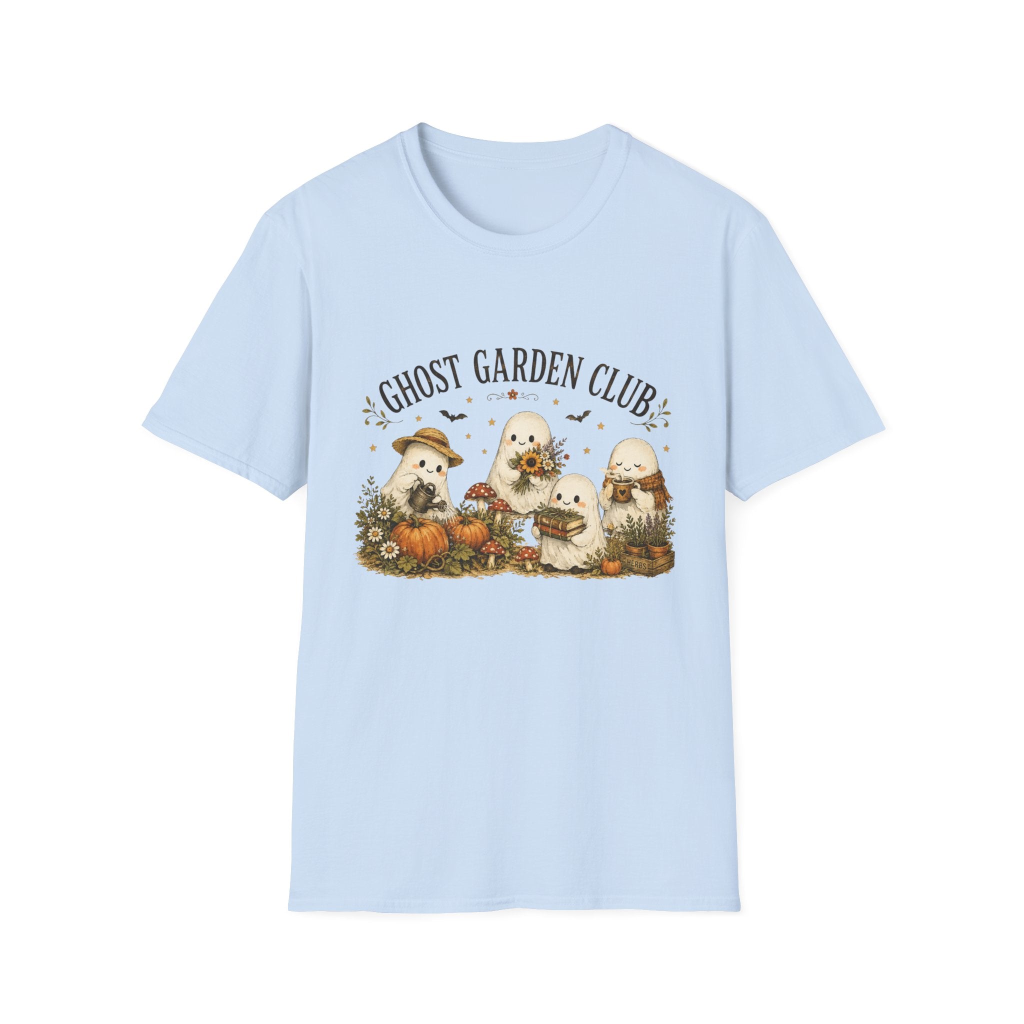 Ghost Garden Club T-Shirt — Cute Autumn Halloween Ghosts with Pumpkins & Flowers