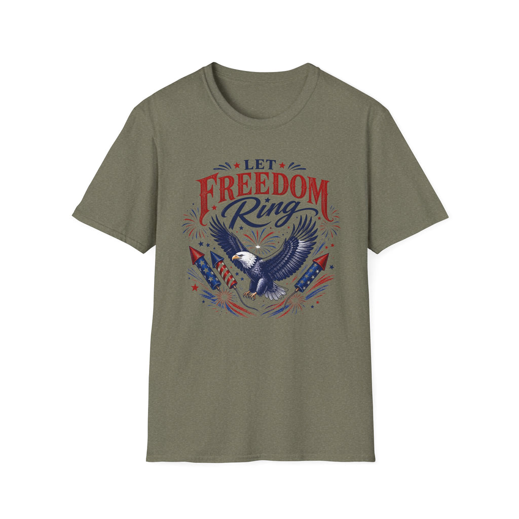 Let Freedom Ring T-Shirt | Patriotic American Bald Eagle Graphic Tee, Fourth Of July Retro Fireworks Top