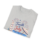 Fourth of July Beach Scene T-Shirt, Patriotic Summer Ocean Surfboard Tee, 4th of July Beach Vacation Shirt, Fireworks Umbrella Surfboard America