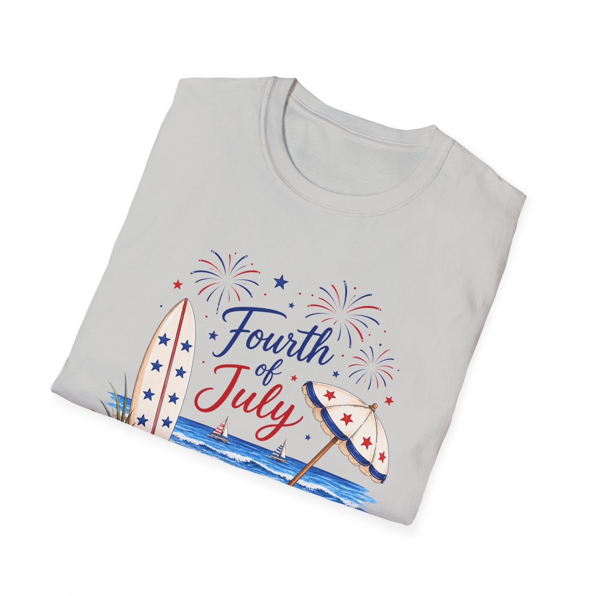 Fourth of July Beach Scene T-Shirt, Patriotic Summer Ocean Surfboard Tee, 4th of July Beach Vacation Shirt, Fireworks Umbrella Surfboard America
