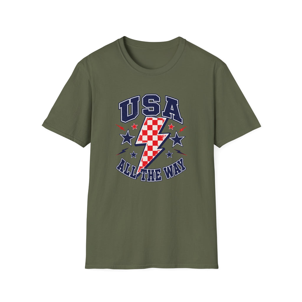 USA All The Way Patriotic T-Shirt, Retro Americana Graphic Tee, Vintage Fourth of July Shirt, Lightning Bolt Checkered Design, Summer Independence Day Apparel T-Shirt
