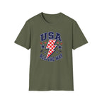 USA All The Way Patriotic T-Shirt, Retro Americana Graphic Tee, Vintage Fourth of July Shirt, Lightning Bolt Checkered Design, Summer Independence Day Apparel T-Shirt