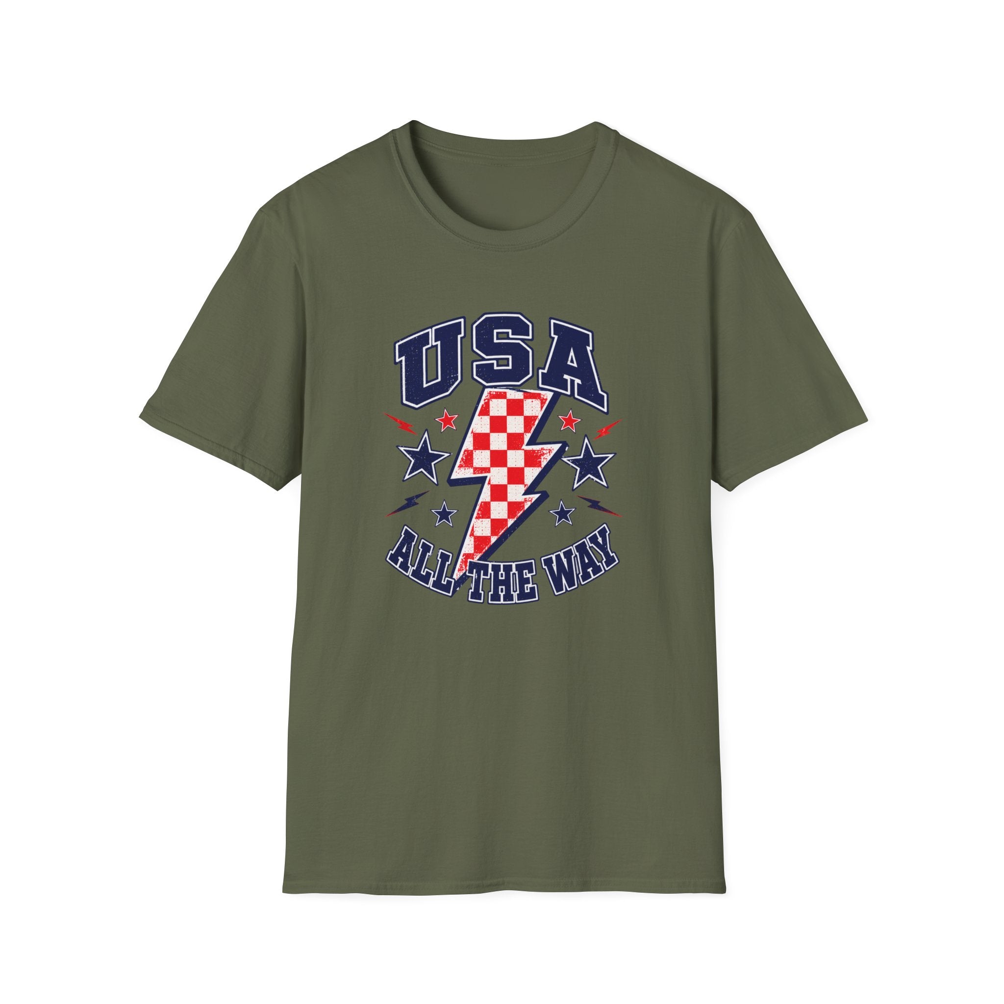 USA All The Way Patriotic T-Shirt, Retro Americana Graphic Tee, Vintage Fourth of July Shirt, Lightning Bolt Checkered Design, Summer Independence Day Apparel T-Shirt