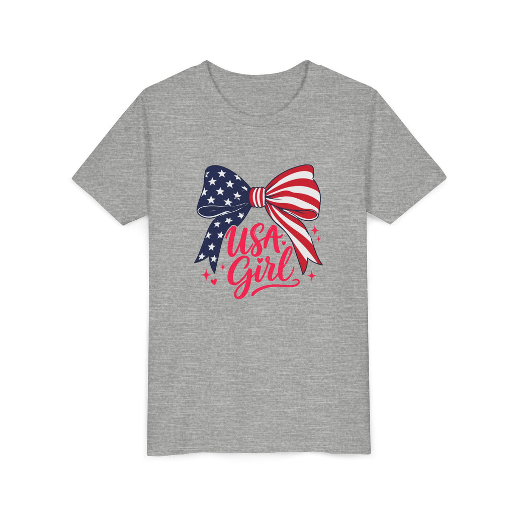 USA Girl Bow Tee, Patriotic Red White Blue Shirt, Cute American Pride Graphic Top, Fourth of July Celebration Outfit Youth Short Sleeve Tee