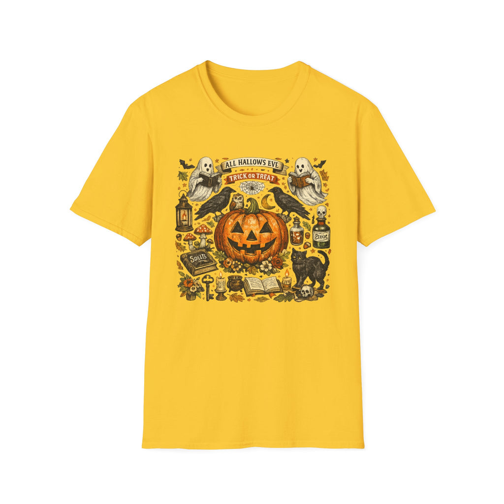 Halloween Pumpkin & Ghost Tee — "All Hallows Eve, Trick or Treat" Graphic T-Shirt