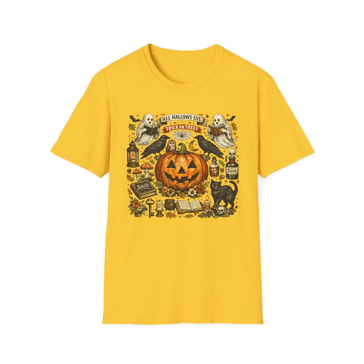 Halloween Pumpkin & Ghost Tee — "All Hallows Eve, Trick or Treat" Graphic T-Shirt