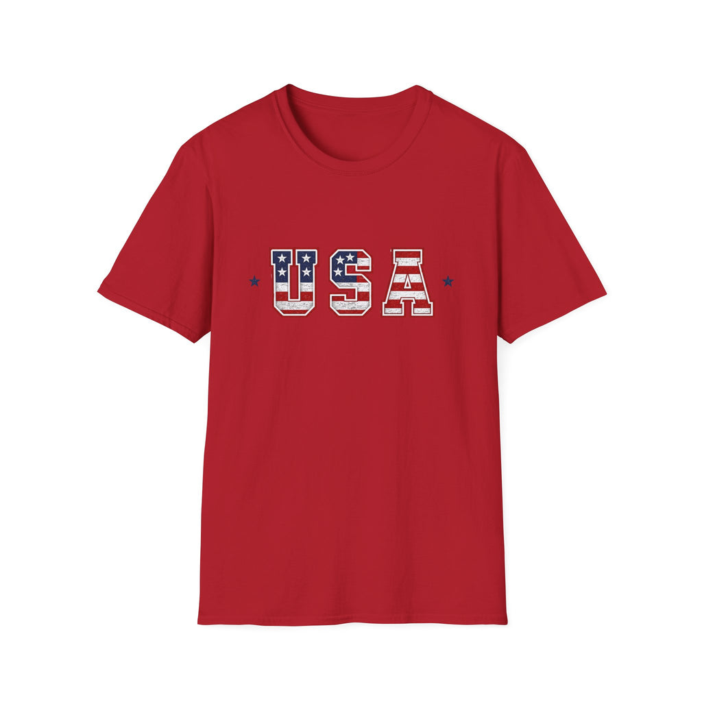 USA Varsity Lettering T-Shirt | Patriotic American Flag Block Graphic Tee, Fourth Of July Stars Stripes Top