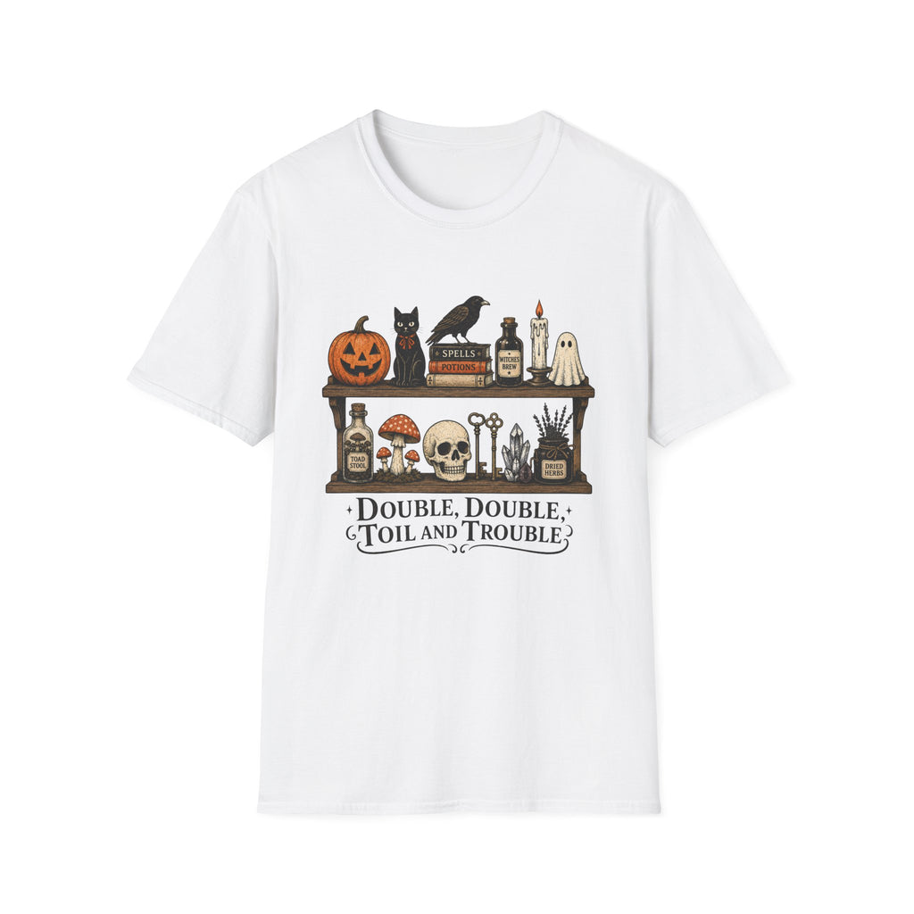 Halloween Potion Shelf T‑Shirt — "Double, Double, Toil and Trouble"