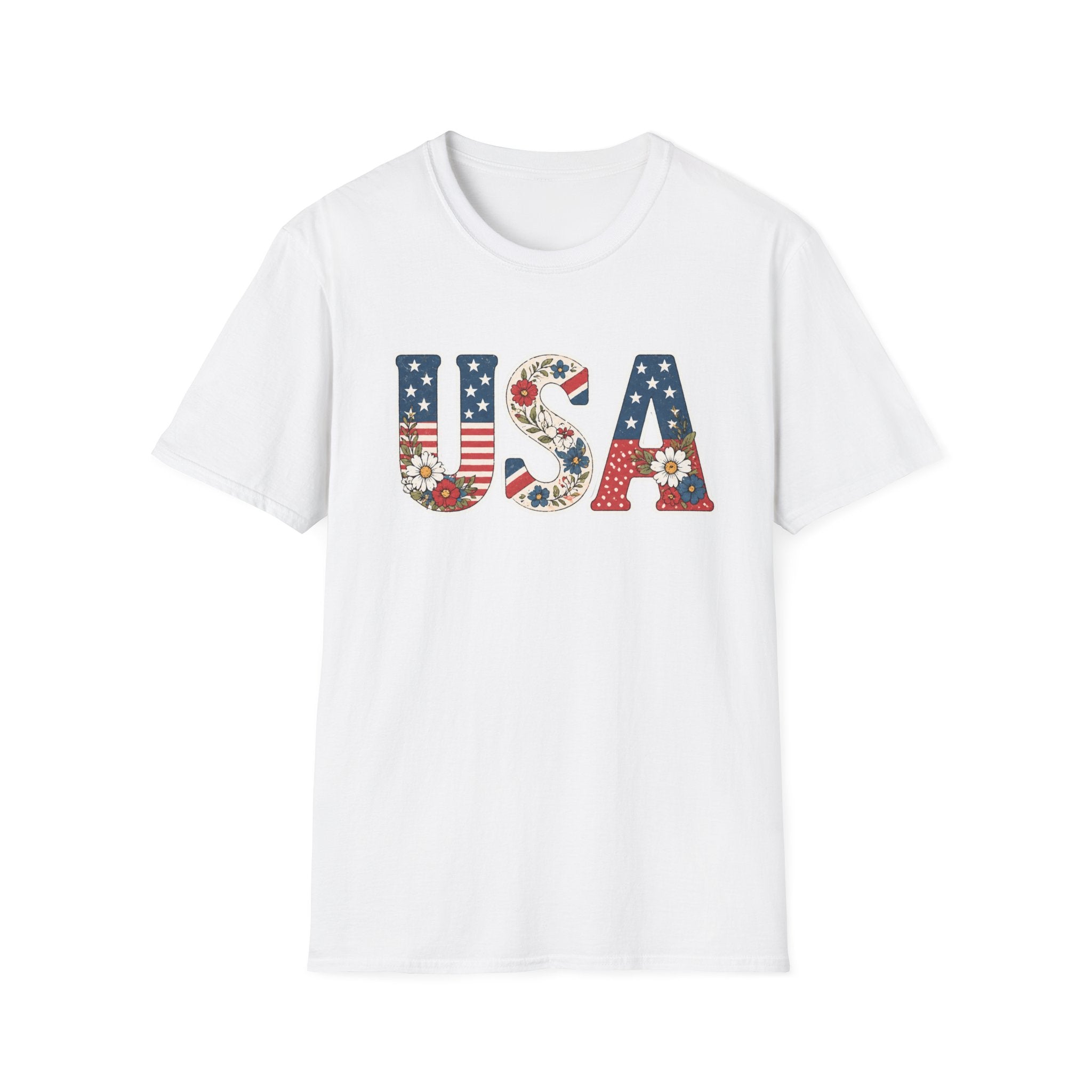 USA Patriotic Floral T-Shirt | American Flag Block Lettering Graphic Tee, Fourth Of July Vintage Cottagecore Top