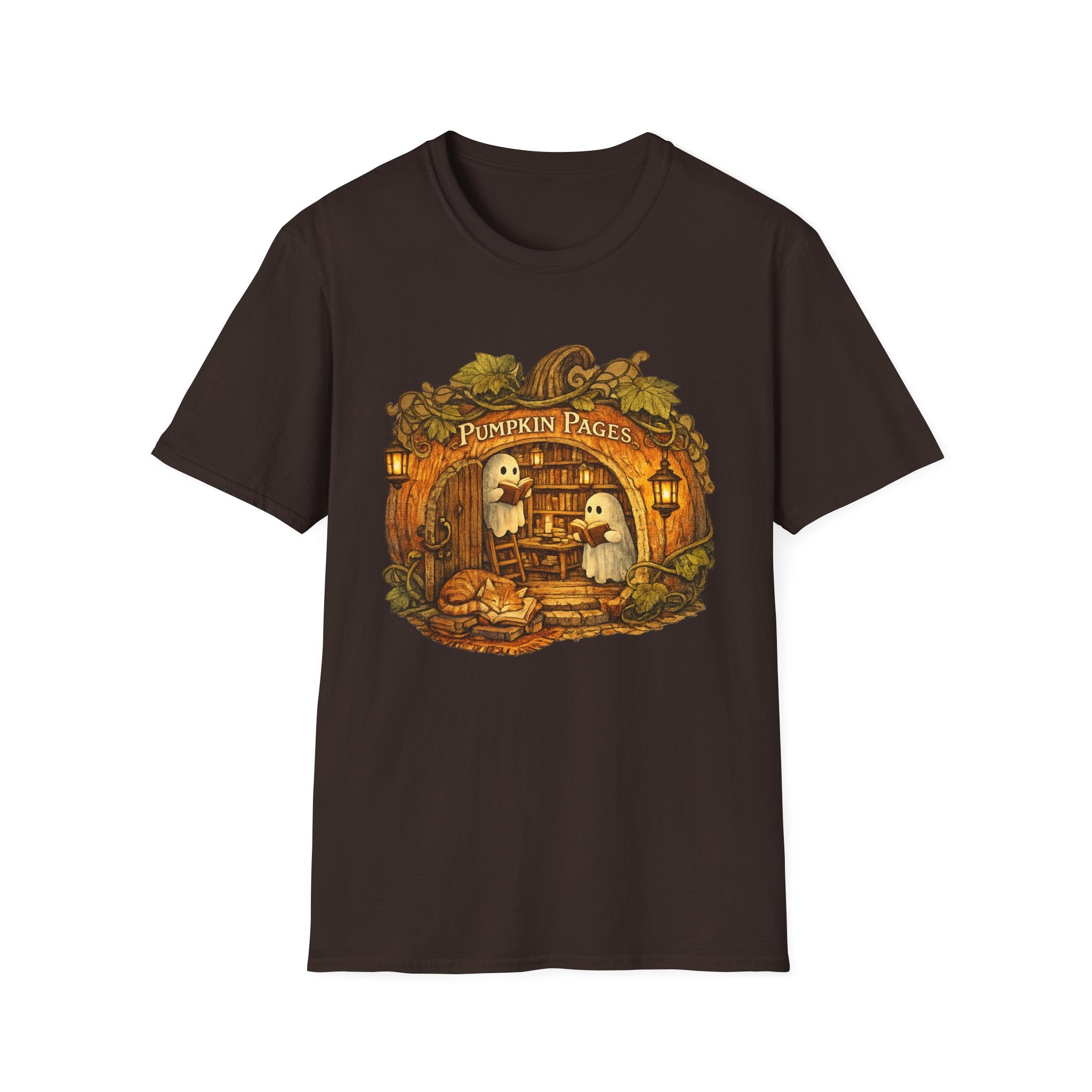 Pumpkin Pages Halloween T‑Shirt — Cute Ghosts Reading in Pumpkin Library