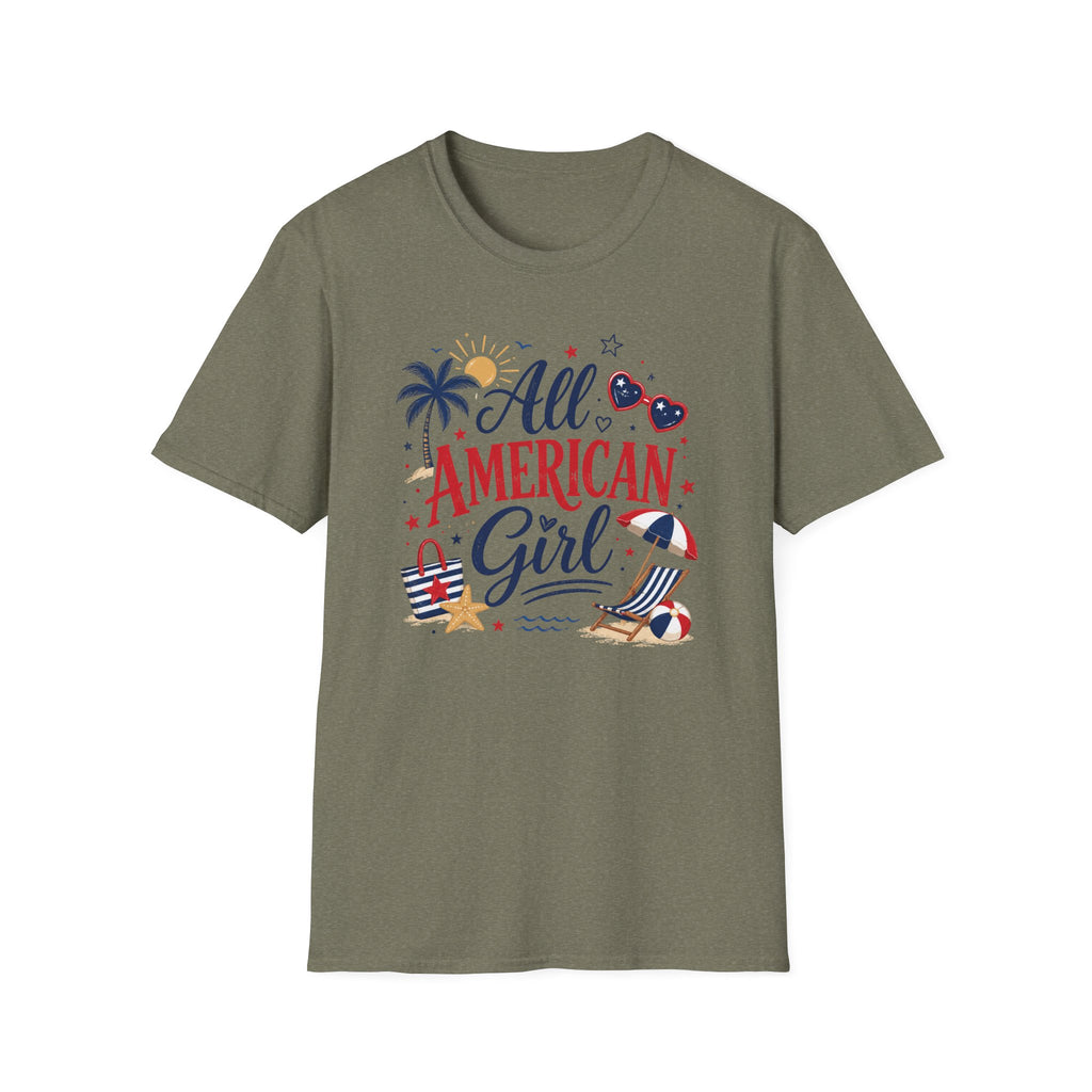 All American Girl Graphic Tee - Patriotic 4th of July Summer Beach T-Shirt
