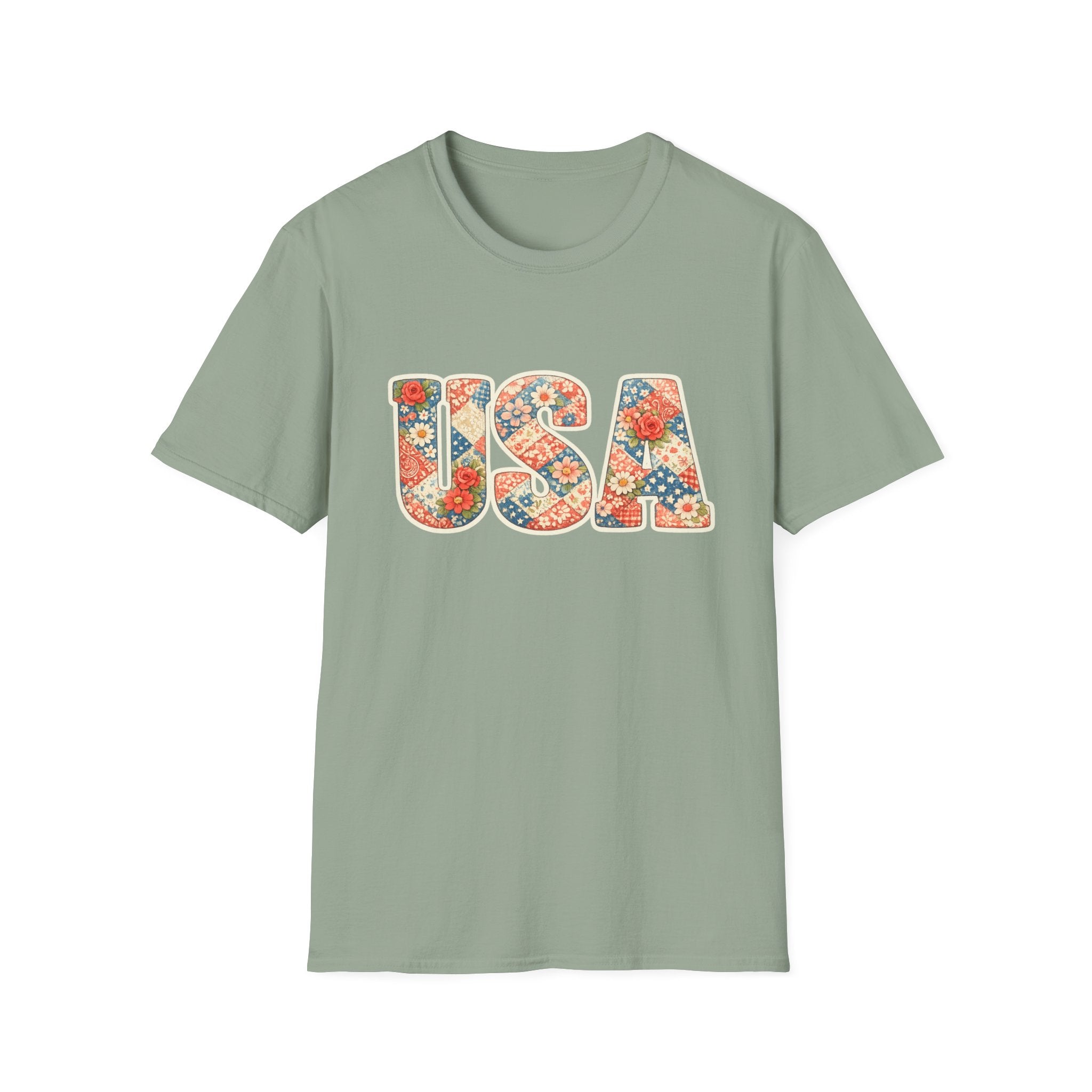 Quilted Patchwork USA T-Shirt, Vintage Floral Rose Daisy America Tee, Cottagecore Patriotic Letter Shirt, 4th of July Grandma Quilt Style