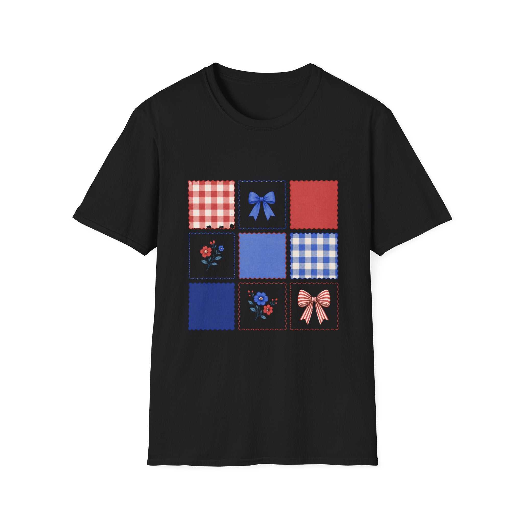Patriotic Quilt Patch T-Shirt, Coquette Bow Gingham Nine Patch Tee, Cottagecore 4th of July Grid Shirt, Red Blue Floral Folk Quilt Square