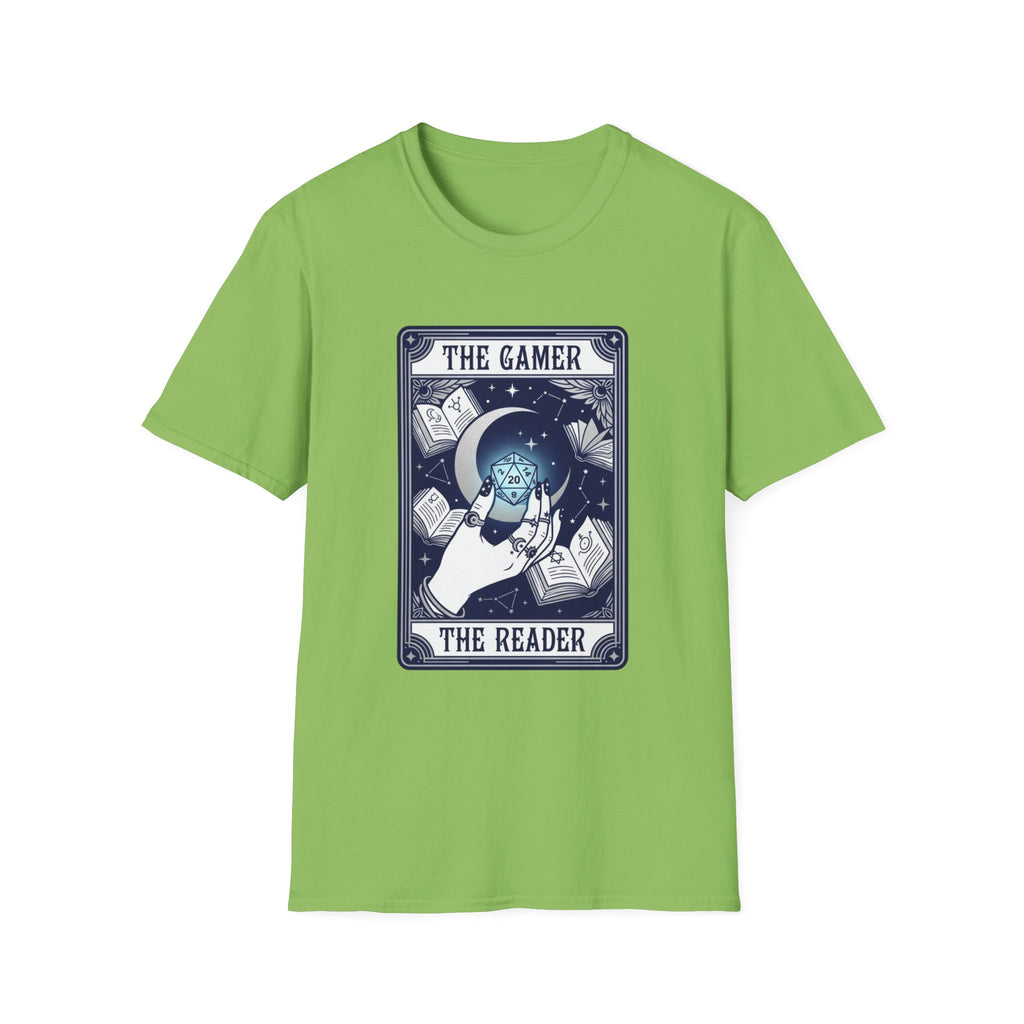 The Gamer The Reader T‑Shirt — Fantasy Dice & Book Illustration Tee