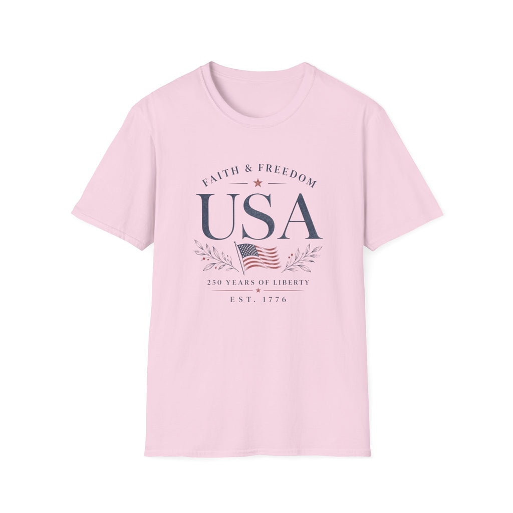 USA Faith Freedom T-Shirt | Patriotic 250 Years Liberty Graphic Tee, American Flag Heritage Top