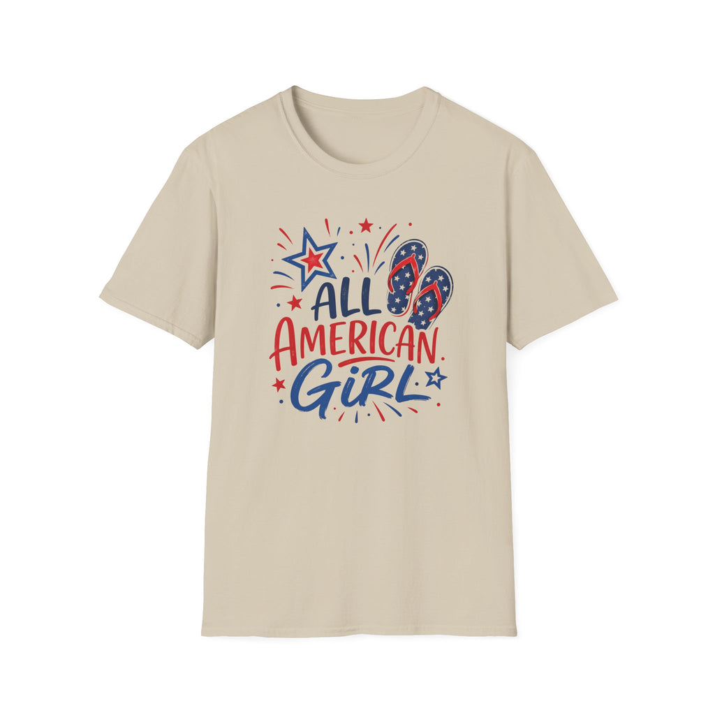 Patriotic All American Girl Graphic Tee - 4th of July Flip Flops Summer T-Shirt