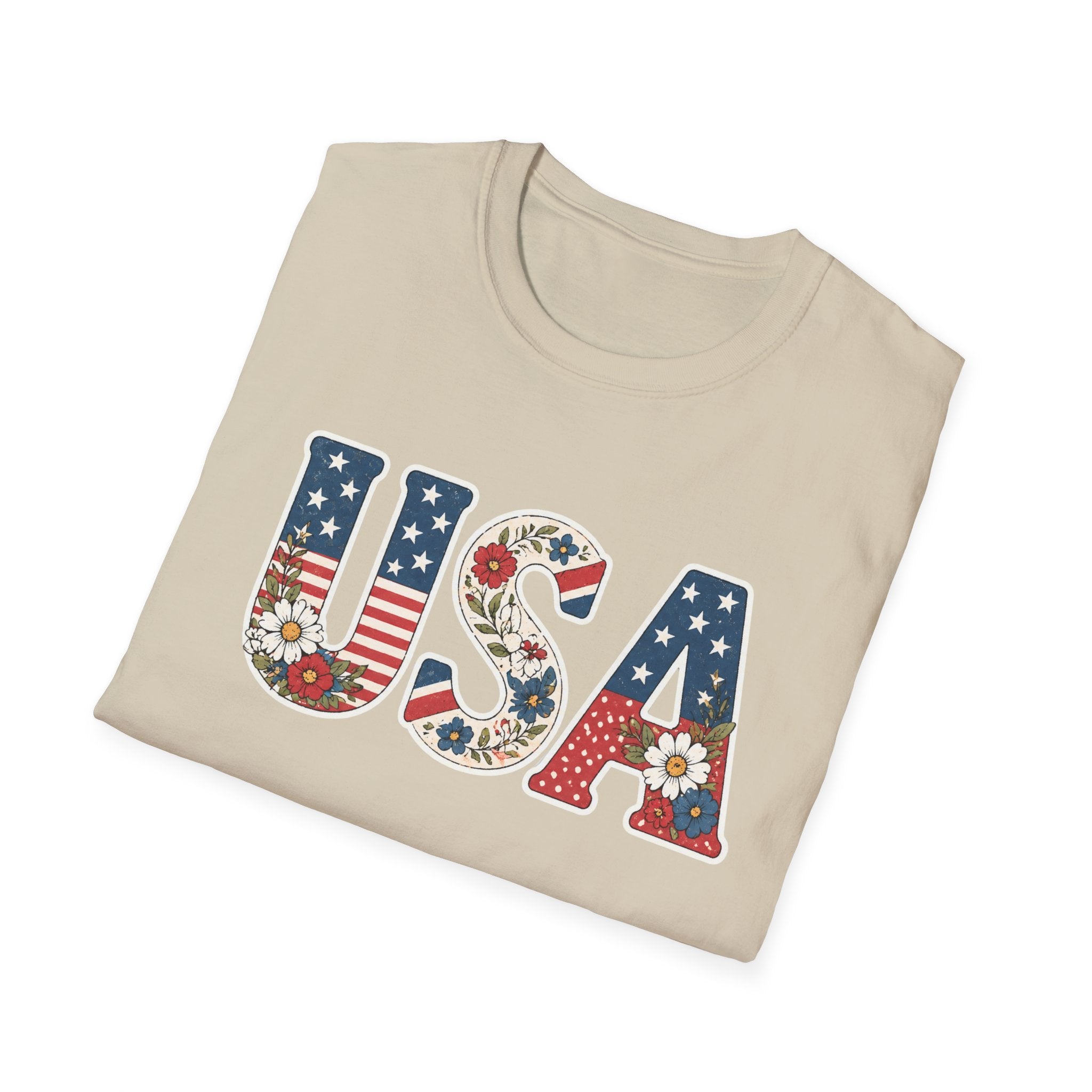 USA Patriotic Floral T-Shirt | American Flag Block Lettering Graphic Tee, Fourth Of July Vintage Cottagecore Top