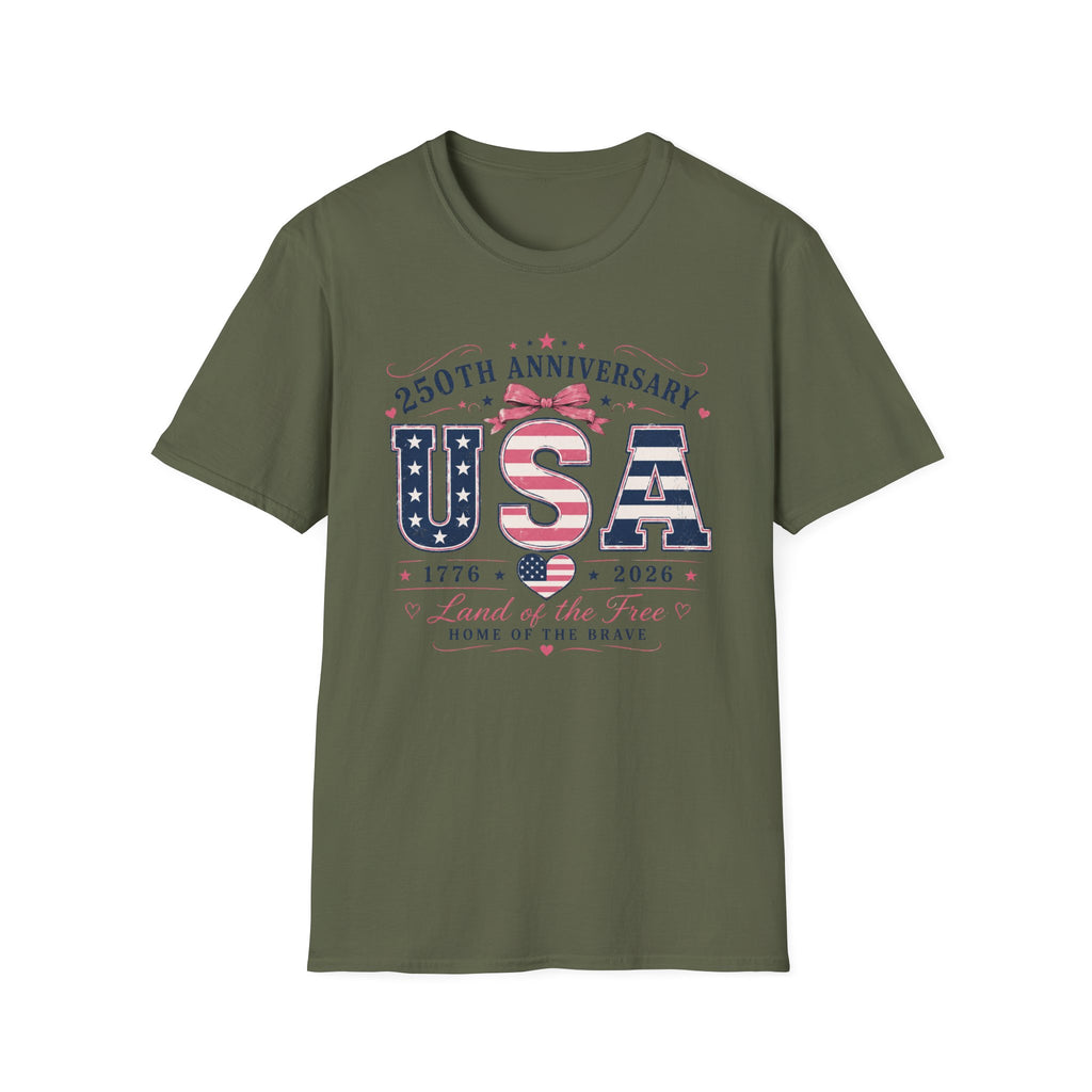 250th Anniversary USA Coquette Bow Shirt, Land of the Free Home of the Brave Women's Tee, Varsity Stars Stripes Heart 1776 2026 T-Shirt
