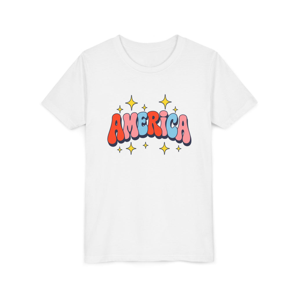 America Bubble Letters Tee, Patriotic Red Blue Graphic Shirt, Cute USA Star Design Top, Fourth of July Celebration Outfit Youth Short Sleeve Tee