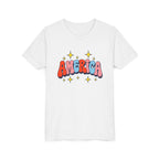 America Bubble Letters Tee, Patriotic Red Blue Graphic Shirt, Cute USA Star Design Top, Fourth of July Celebration Outfit Youth Short Sleeve Tee