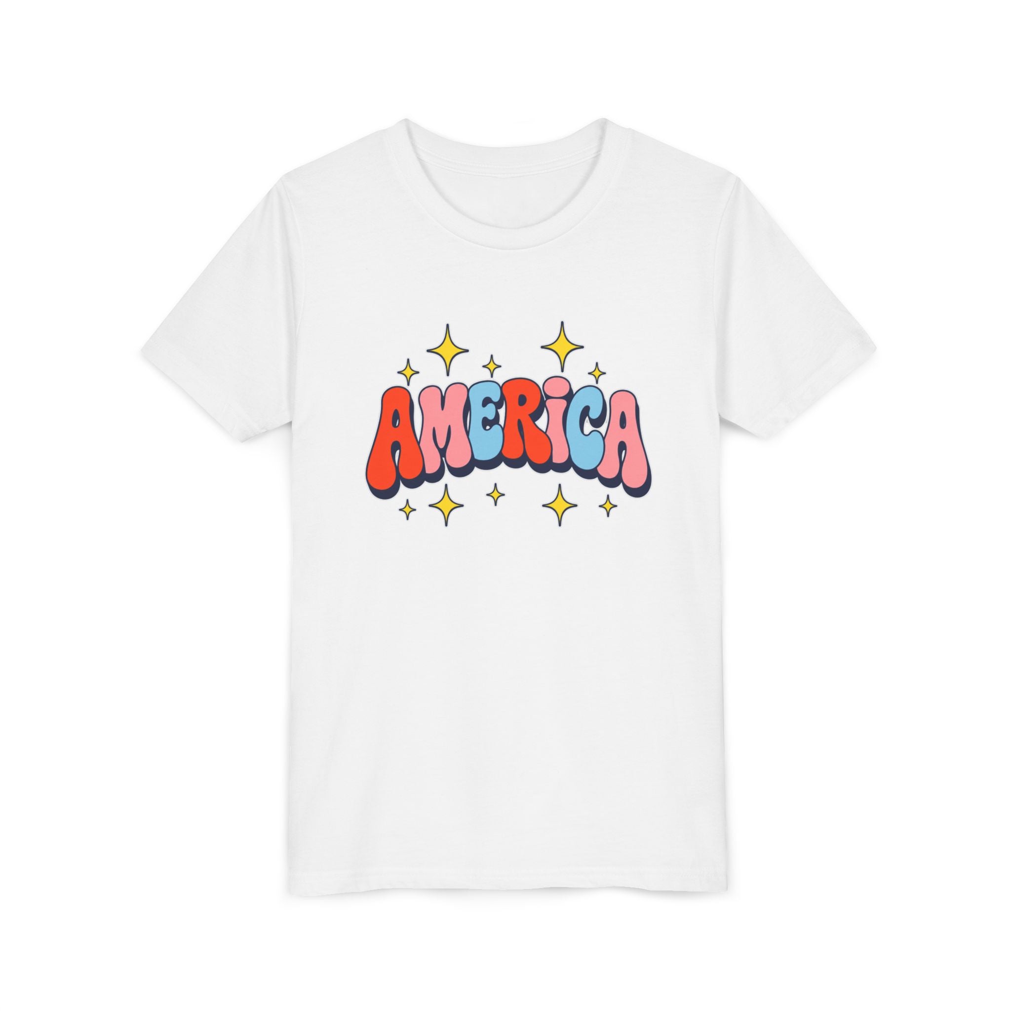 America Bubble Letters Tee, Patriotic Red Blue Graphic Shirt, Cute USA Star Design Top, Fourth of July Celebration Outfit Youth Short Sleeve Tee
