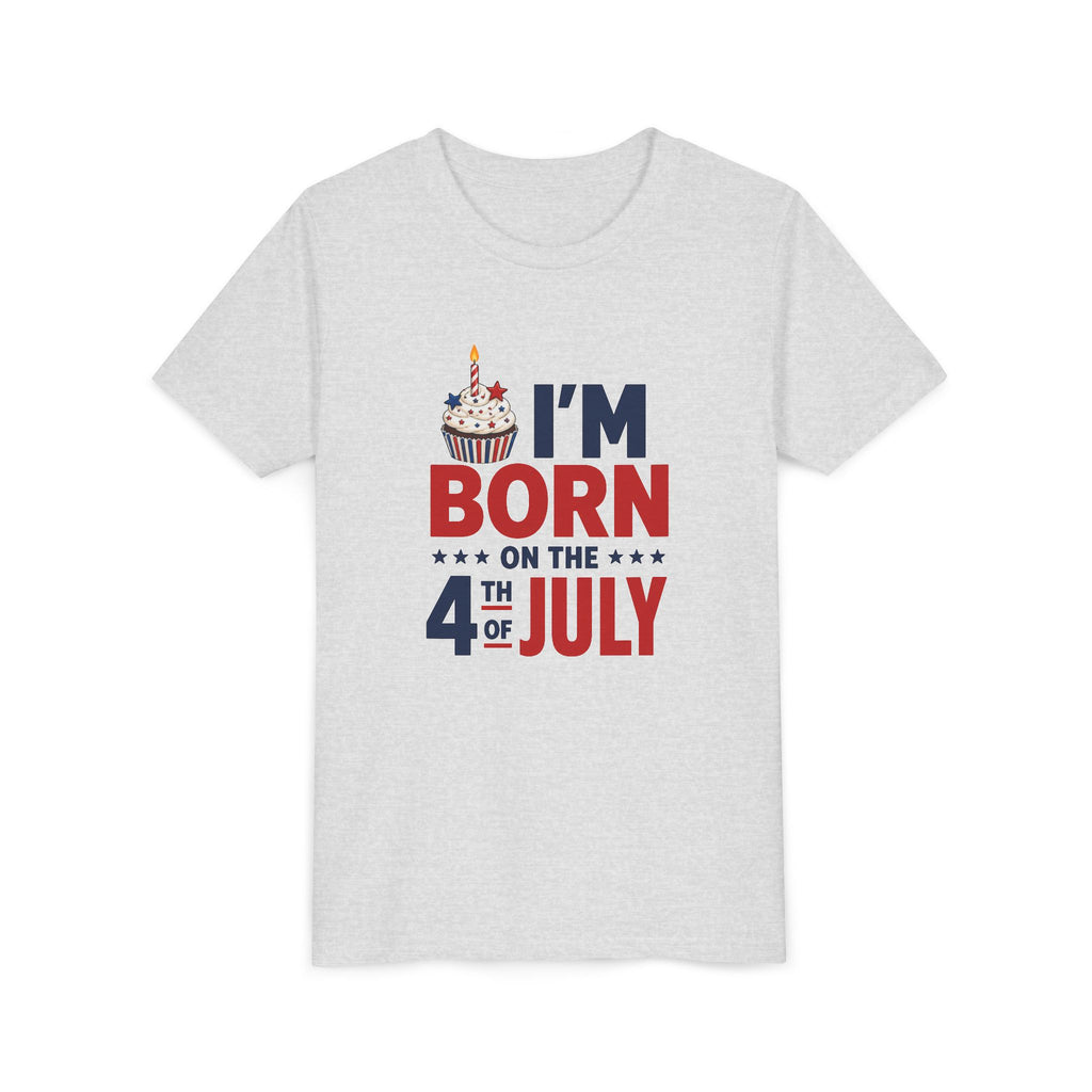 Born on the 4th of July Tee, Patriotic Birthday USA Shirt, Red White Blue Cupcake Graphic Top, Independence Day Celebration Outfit Youth Short Sleeve Tee