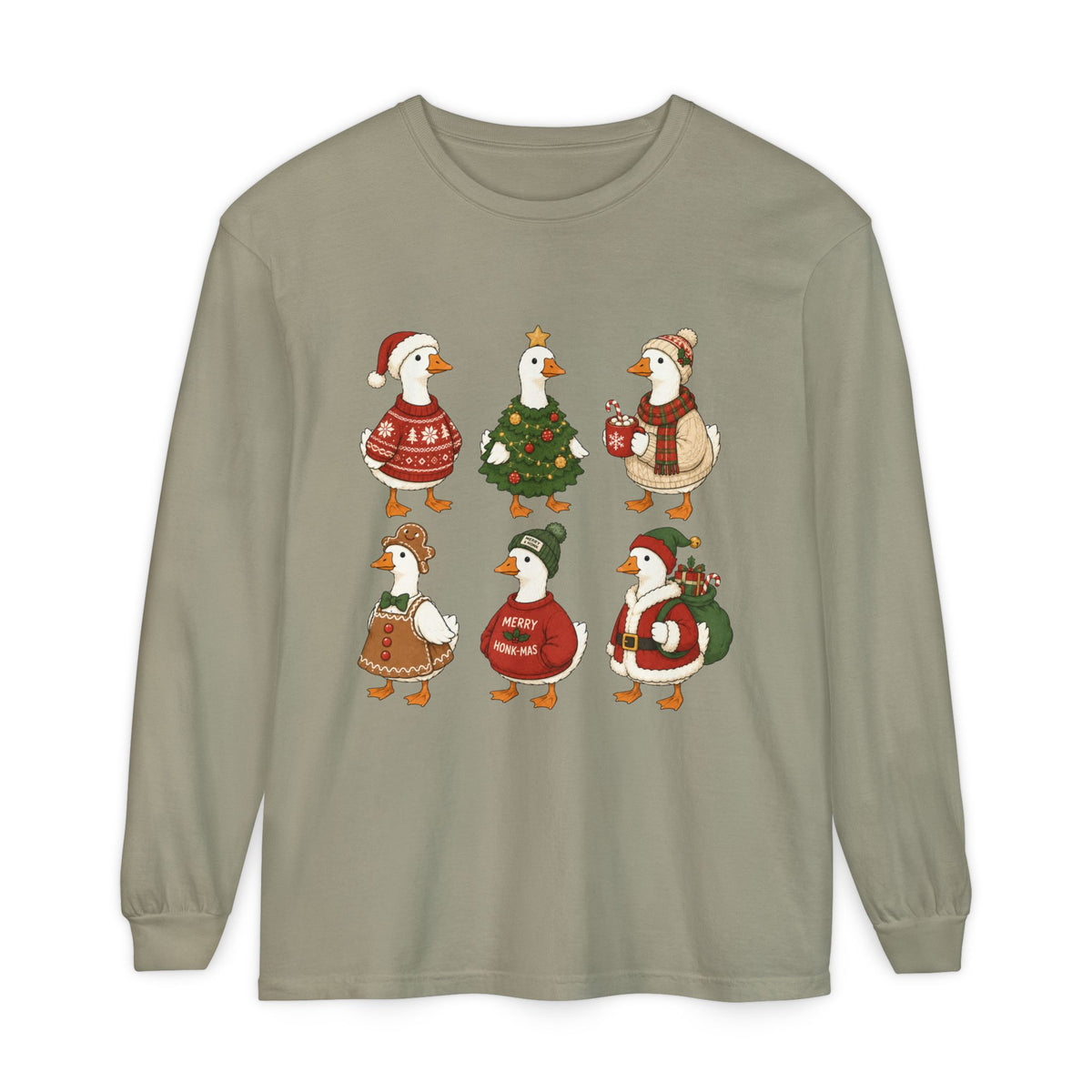 Cute Christmas Geese Holiday Ducks in Sweaters & Tree Long Sleeve T-shirt