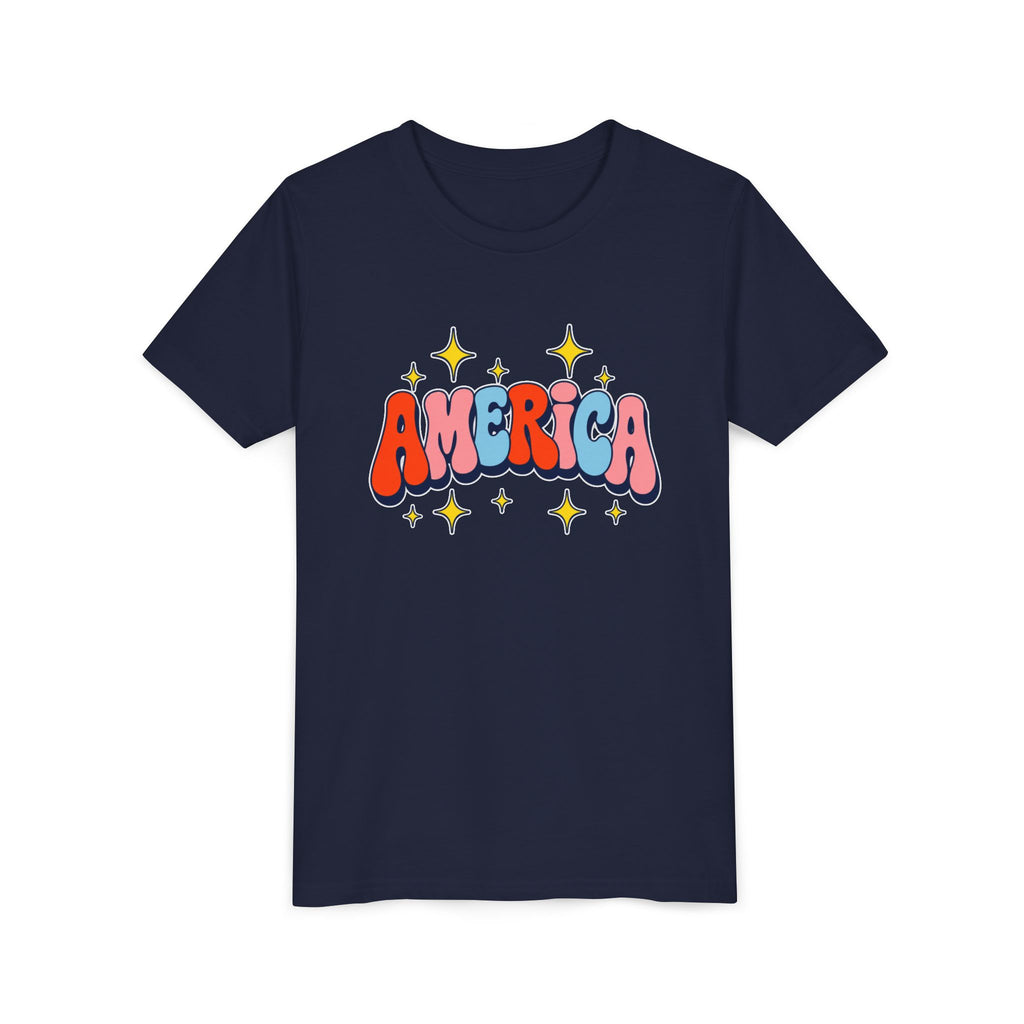 America Bubble Letters Tee, Patriotic Red Blue Graphic Shirt, Cute USA Star Design Top, Fourth of July Celebration Outfit Youth Short Sleeve Tee