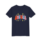 America Bubble Letters Tee, Patriotic Red Blue Graphic Shirt, Cute USA Star Design Top, Fourth of July Celebration Outfit Youth Short Sleeve Tee