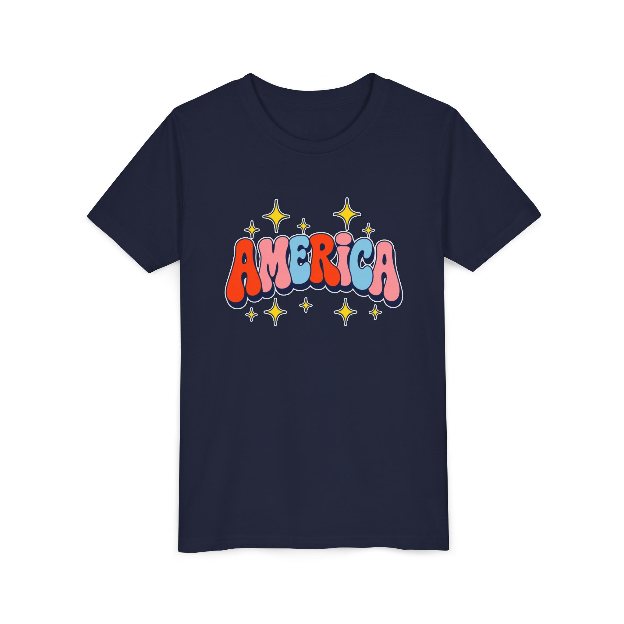 America Bubble Letters Tee, Patriotic Red Blue Graphic Shirt, Cute USA Star Design Top, Fourth of July Celebration Outfit Youth Short Sleeve Tee
