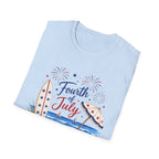Fourth of July Beach Scene T-Shirt, Patriotic Summer Ocean Surfboard Tee, 4th of July Beach Vacation Shirt, Fireworks Umbrella Surfboard America