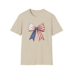 Patriotic American Flag Bow Tee, USA Pride Graphic Shirt, Fourth of July Outfit, Cute Red White Blue Bow Top