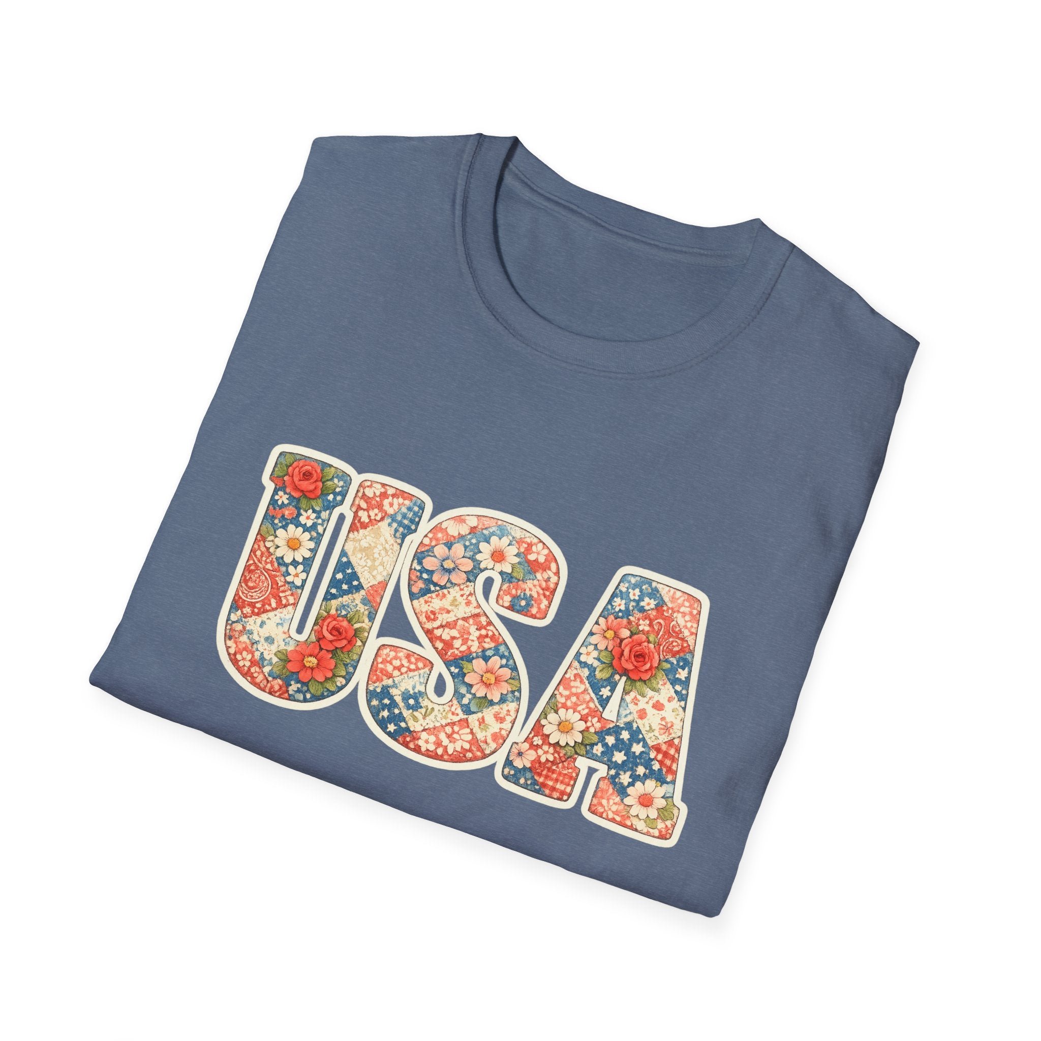 Quilted Patchwork USA T-Shirt, Vintage Floral Rose Daisy America Tee, Cottagecore Patriotic Letter Shirt, 4th of July Grandma Quilt Style
