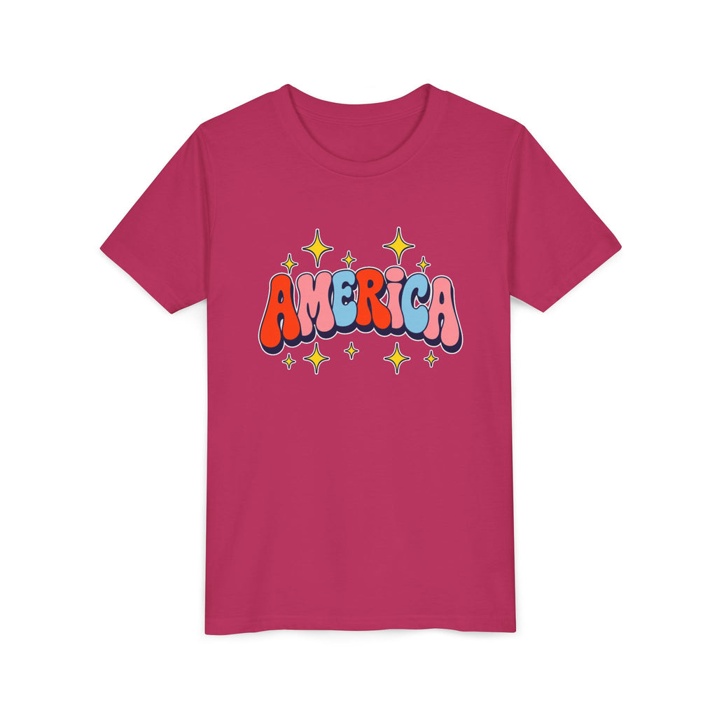 America Bubble Letters Tee, Patriotic Red Blue Graphic Shirt, Cute USA Star Design Top, Fourth of July Celebration Outfit Youth Short Sleeve Tee