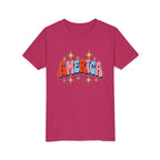 America Bubble Letters Tee, Patriotic Red Blue Graphic Shirt, Cute USA Star Design Top, Fourth of July Celebration Outfit Youth Short Sleeve Tee