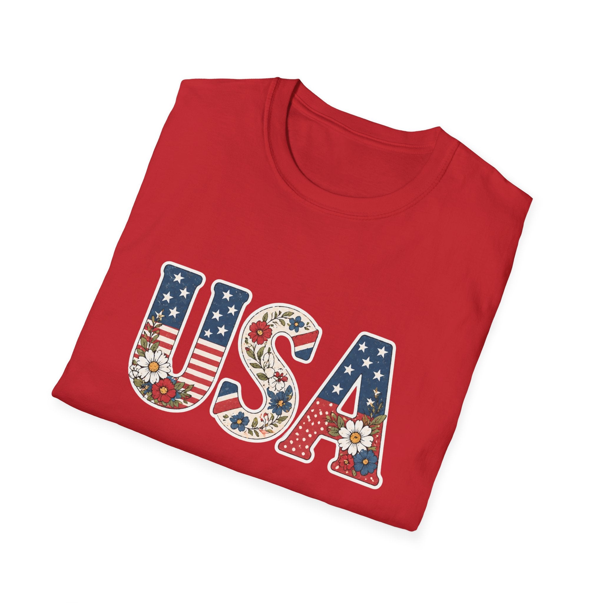 Floral USA T-Shirt, Cottagecore Patriotic Flower Letter Tee, 4th of July Wildflower America Shirt, Stars Stripes Daisy Poppy Gift, Vintage Botanical