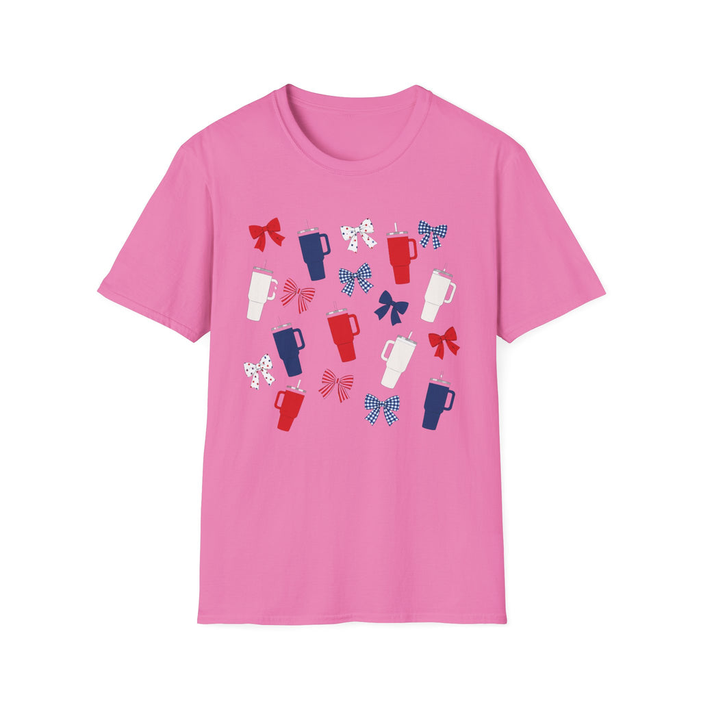 Patriotic Coffee Lover T-Shirt, Americana Bow Graphic Tee, Fourth of July Iced Drink Shirt, Cute Summer Cafe Apparel, Coquette USA Outfit