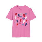 Patriotic Coffee Lover T-Shirt, Americana Bow Graphic Tee, Fourth of July Iced Drink Shirt, Cute Summer Cafe Apparel, Coquette USA Outfit