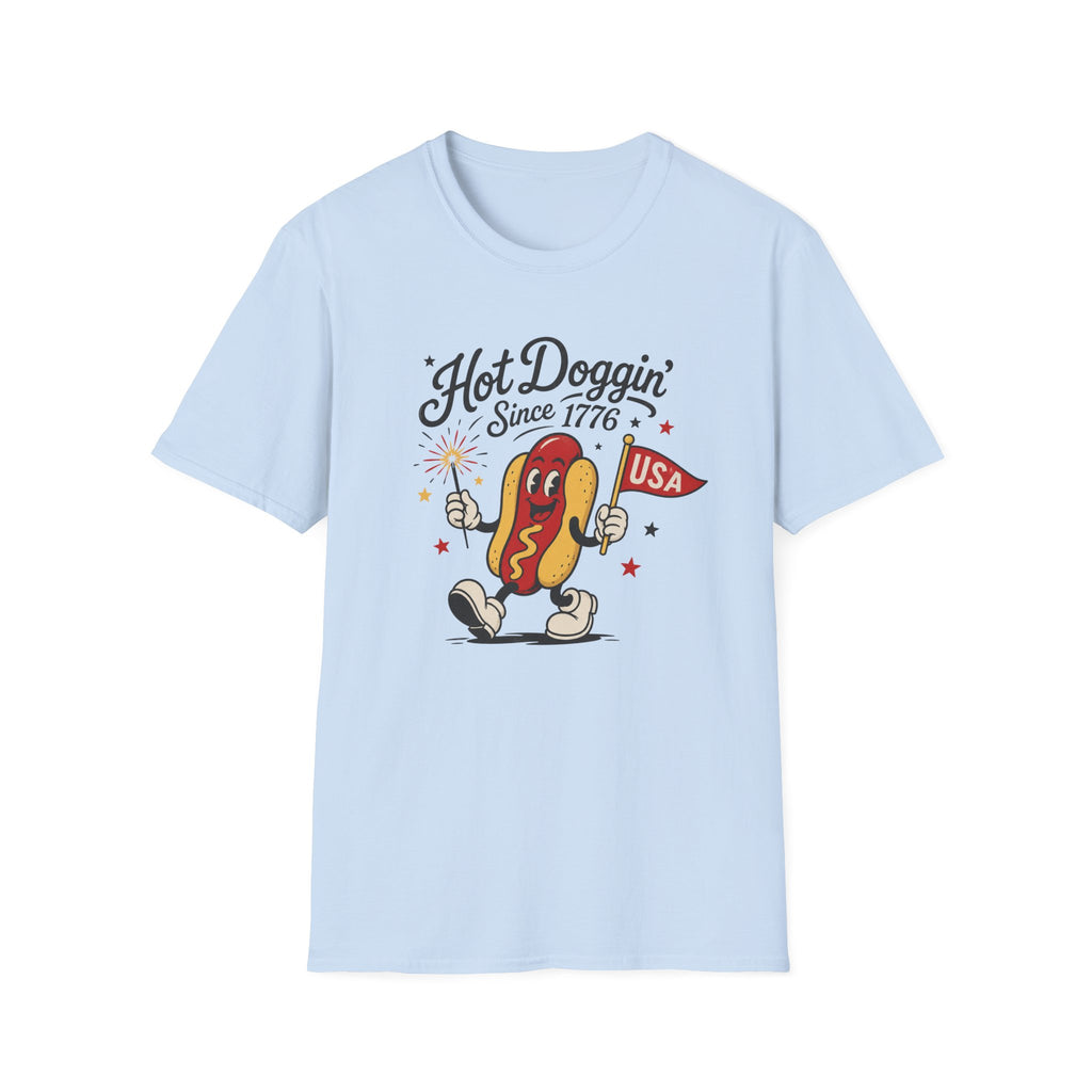 Hot Doggin Since 1776 Tee, Patriotic USA Hot Dog Shirt, Fun Red White Blue Graphic Top, Fourth of July Celebration Outfit Unisex Softstyle T-Shirt