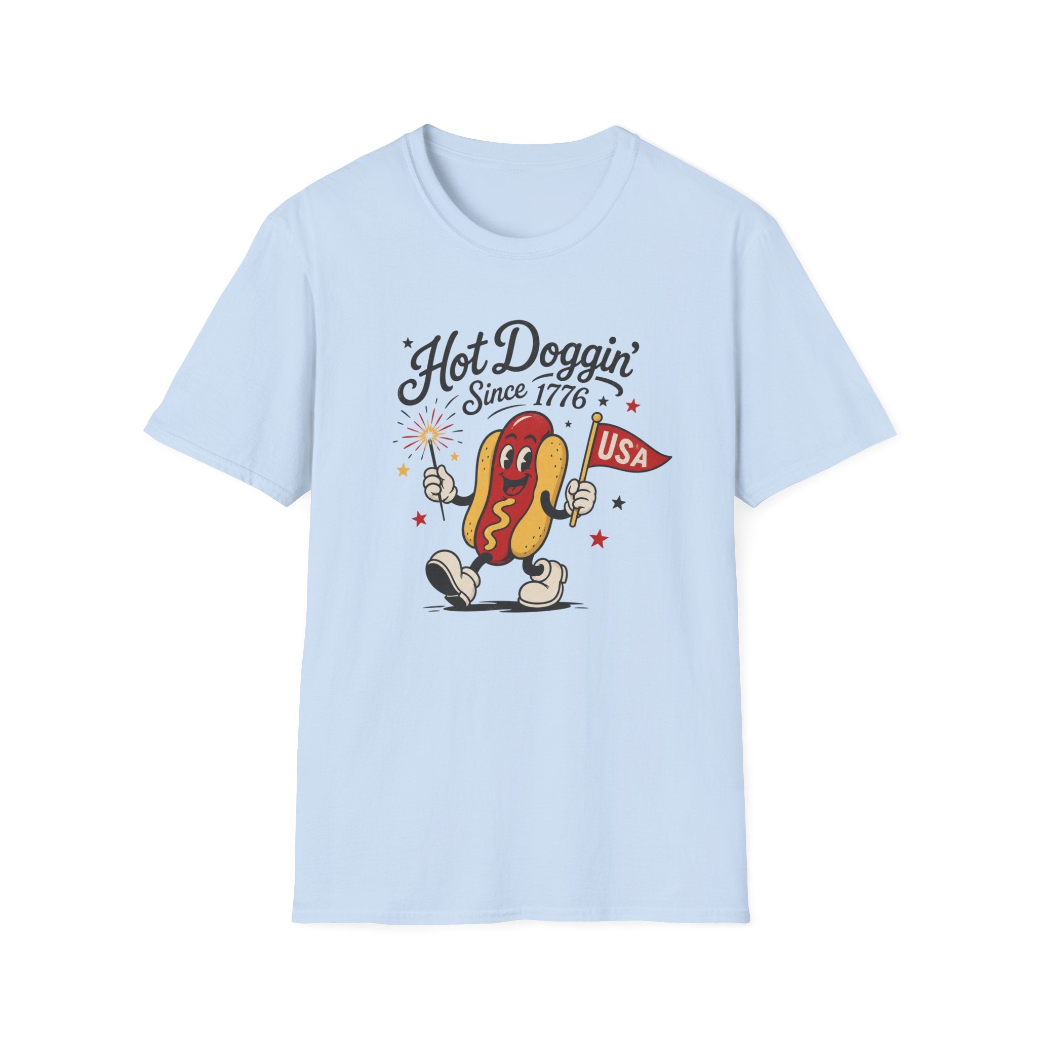 Hot Doggin Since 1776 Tee, Patriotic USA Hot Dog Shirt, Fun Red White Blue Graphic Top, Fourth of July Celebration Outfit Unisex Softstyle T-Shirt