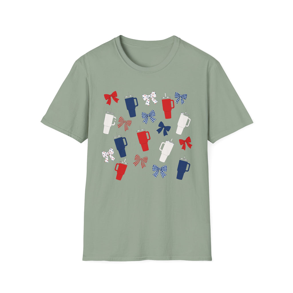 Patriotic Coffee Lover T-Shirt, Americana Bow Graphic Tee, Fourth of July Iced Drink Shirt, Cute Summer Cafe Apparel, Coquette USA Outfit