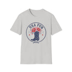 USA Fun Floral Cowboy Boot T-Shirt, Western Patriotic Hibiscus Boot Tee, Country 4th of July Rope Circle Shirt, Star Boot Wildflower America Gift