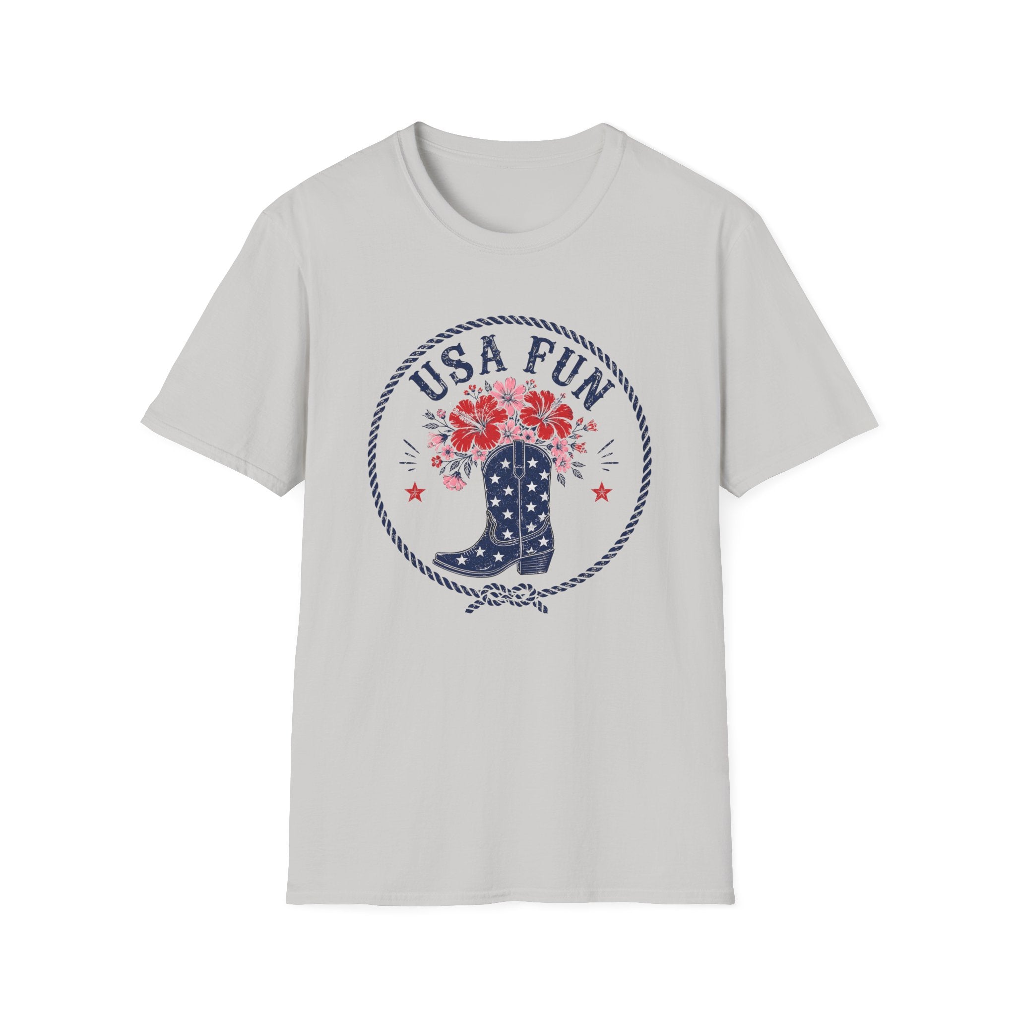 USA Fun Floral Cowboy Boot T-Shirt, Western Patriotic Hibiscus Boot Tee, Country 4th of July Rope Circle Shirt, Star Boot Wildflower America Gift