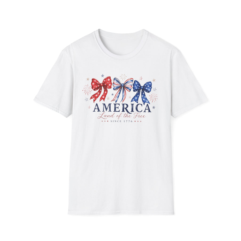 America Land of the Free Graphic Tee - Patriotic 4th of July Coquette Bow T-Shirt