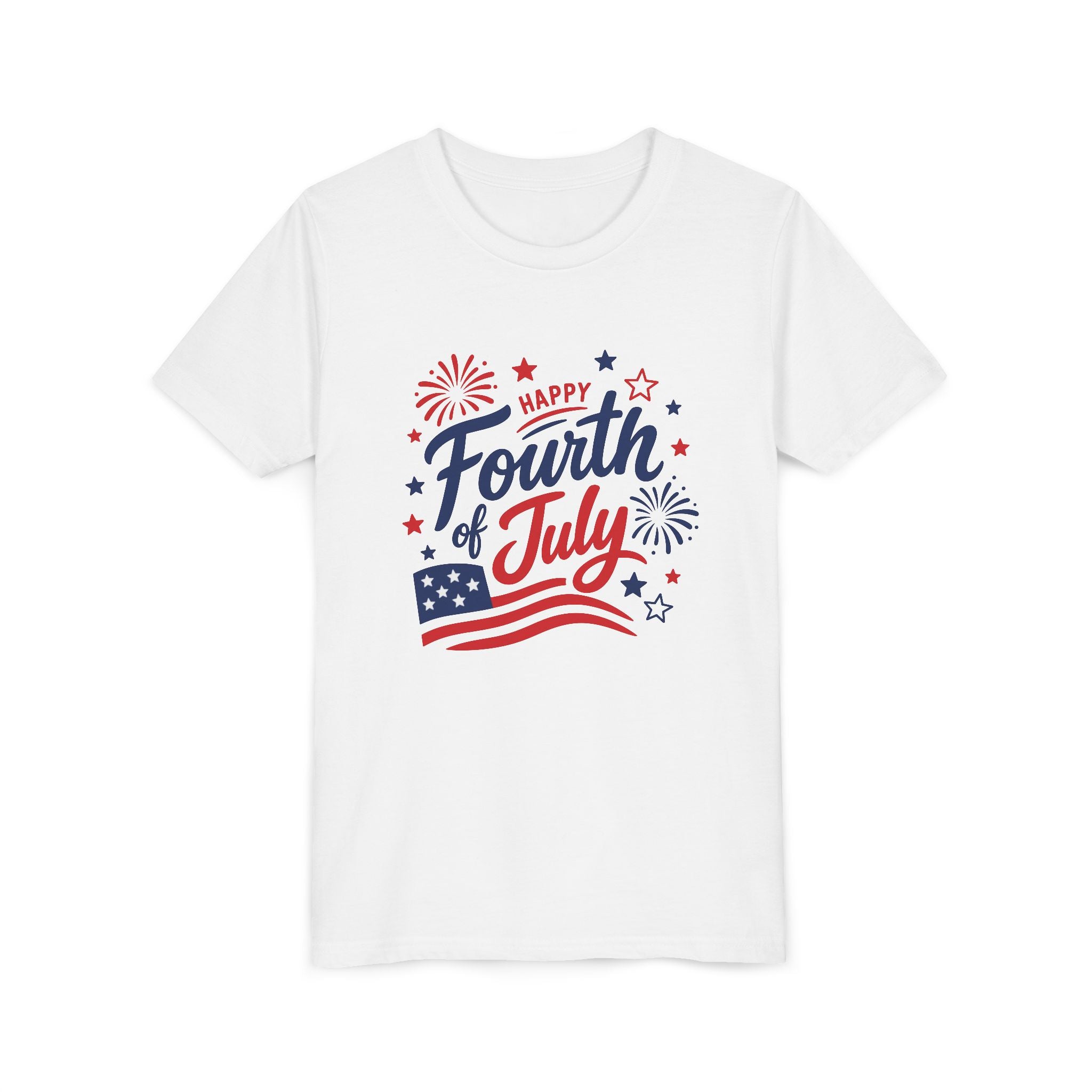 Happy Fourth of July Tee, Patriotic Red White Blue USA Shirt, Fireworks Celebration Graphic Top, Independence Day Outfit Youth Short Sleeve Tee