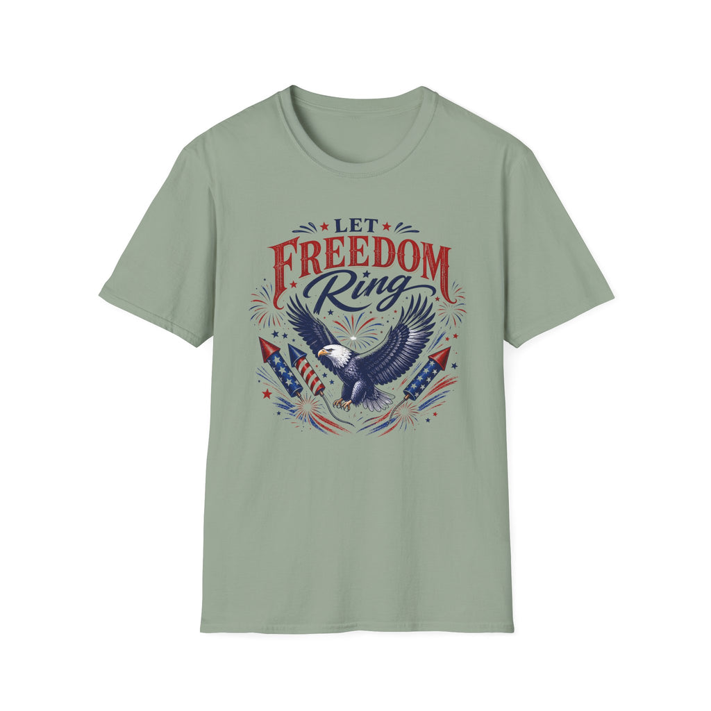 Let Freedom Ring T-Shirt | Patriotic American Bald Eagle Graphic Tee, Fourth Of July Retro Fireworks Top